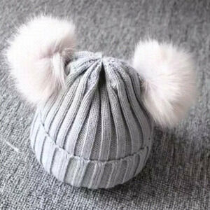 Gray Knitted  Children’s Beanie with 2 Pom Poms